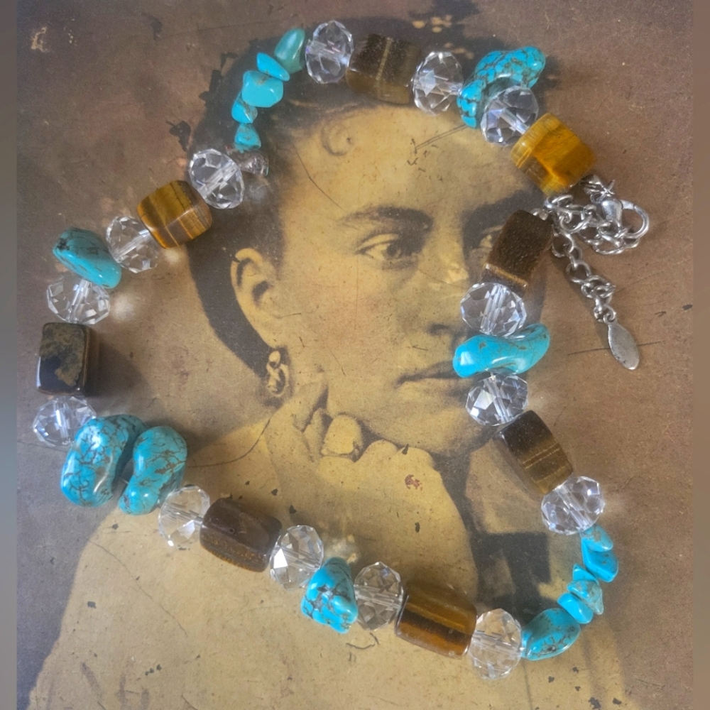 Vintage Glass And Stone Bead Necklace 18.5 Inches Long